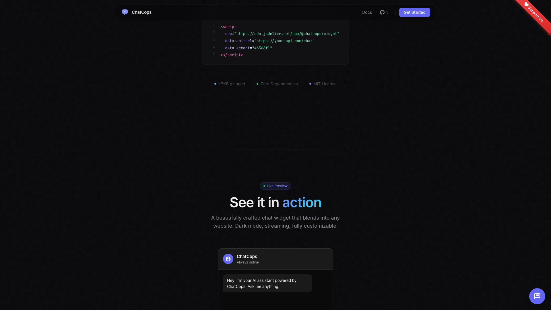 ChatCops landing page with live demo widget and code example