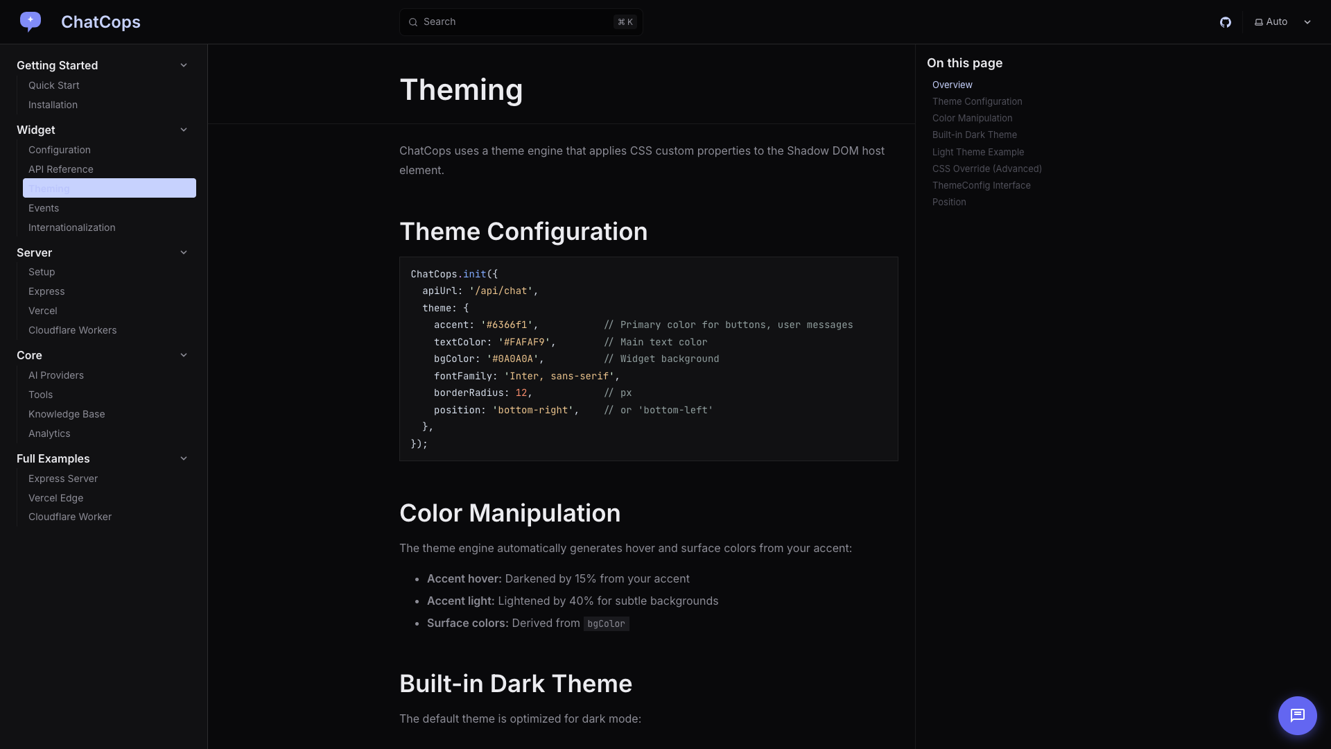 ChatCops theming documentation showing color manipulation and dark theme